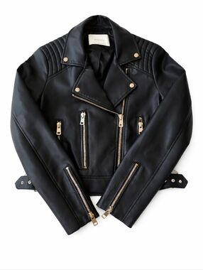 Stradivarius Faux Leather Moto Jacket Black M Belted AS-IS